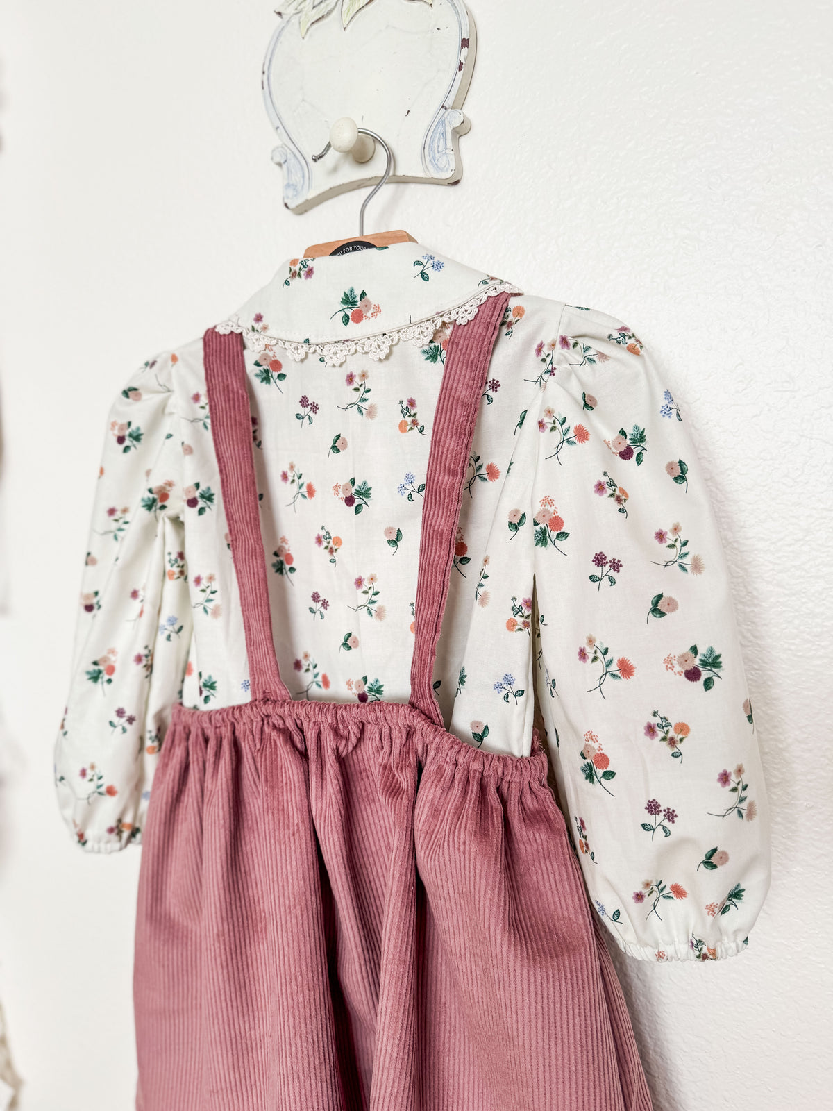 Toddler Two Piece Set, Peter Pan Floral Blouse with Corduroy Skirt, Handmade