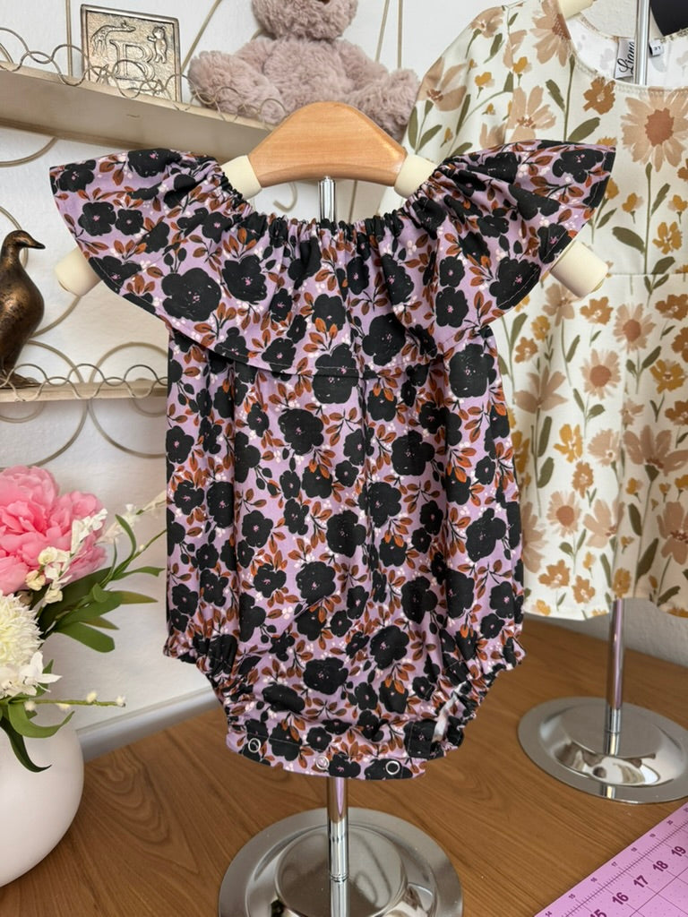 Lavender Floral Romper: Ruffle Neckline Cotton