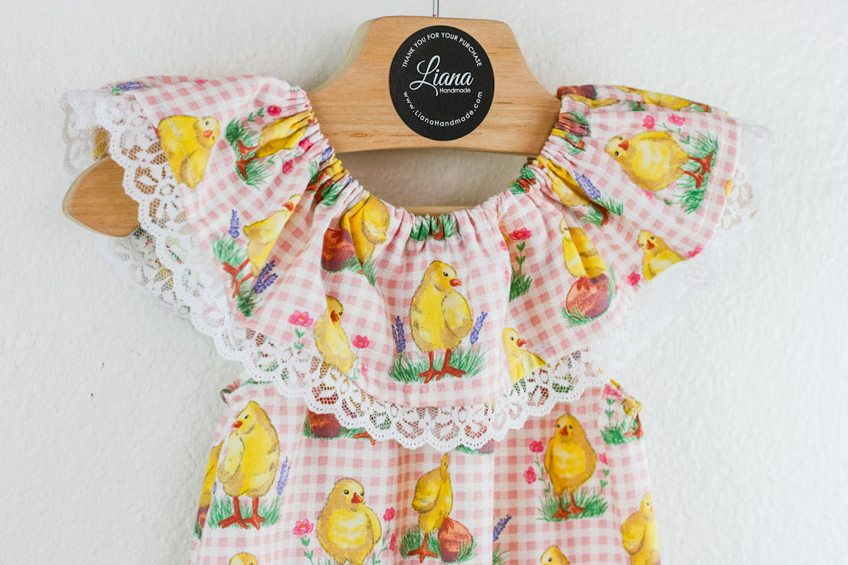 Chick Baby Romper: Ruffle Neckline, Vintage Easter Print, Pink Outfit