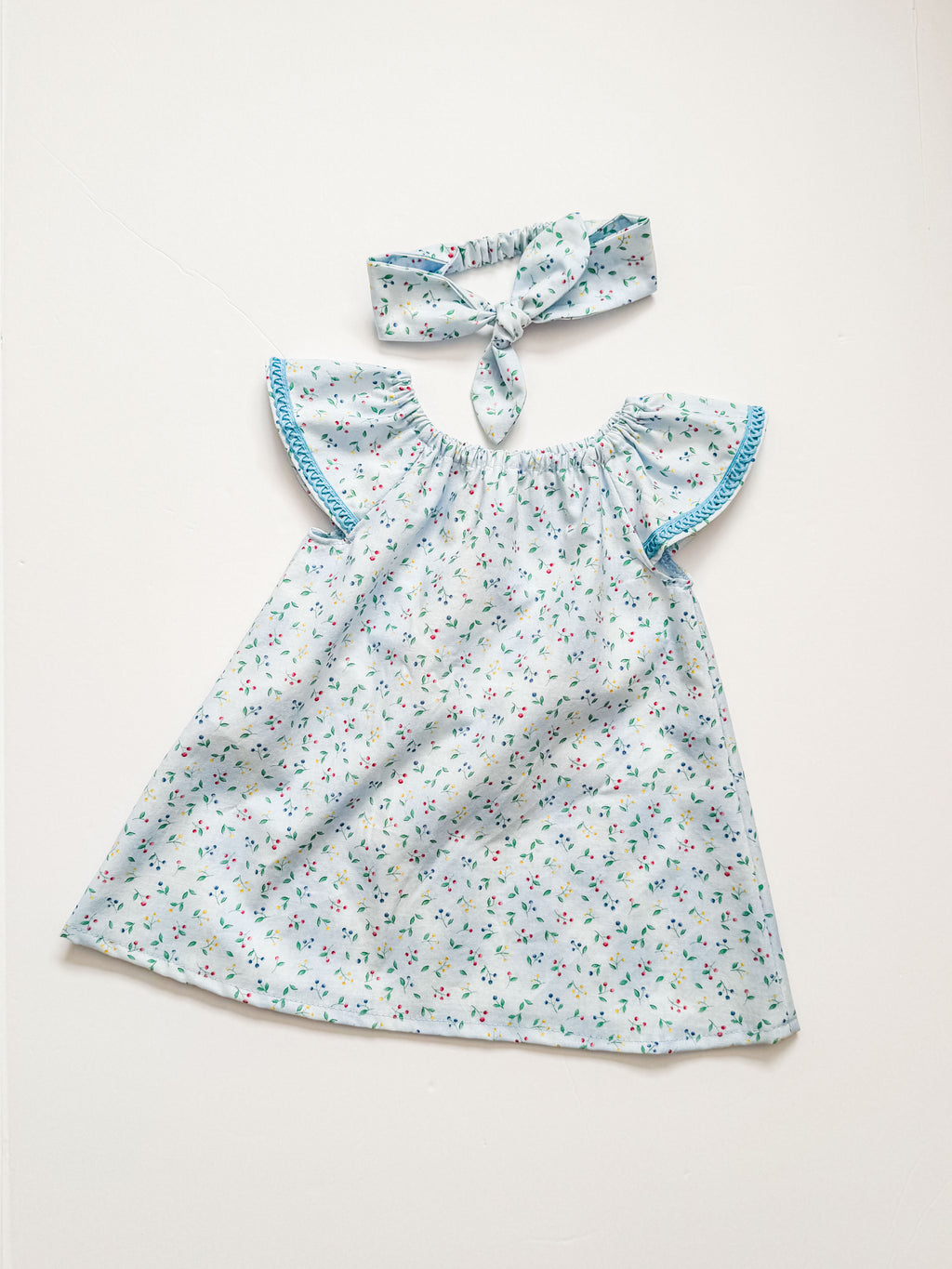Baby Blue Summer Dress: Flutter Sleeve with Trim Detail, Headband