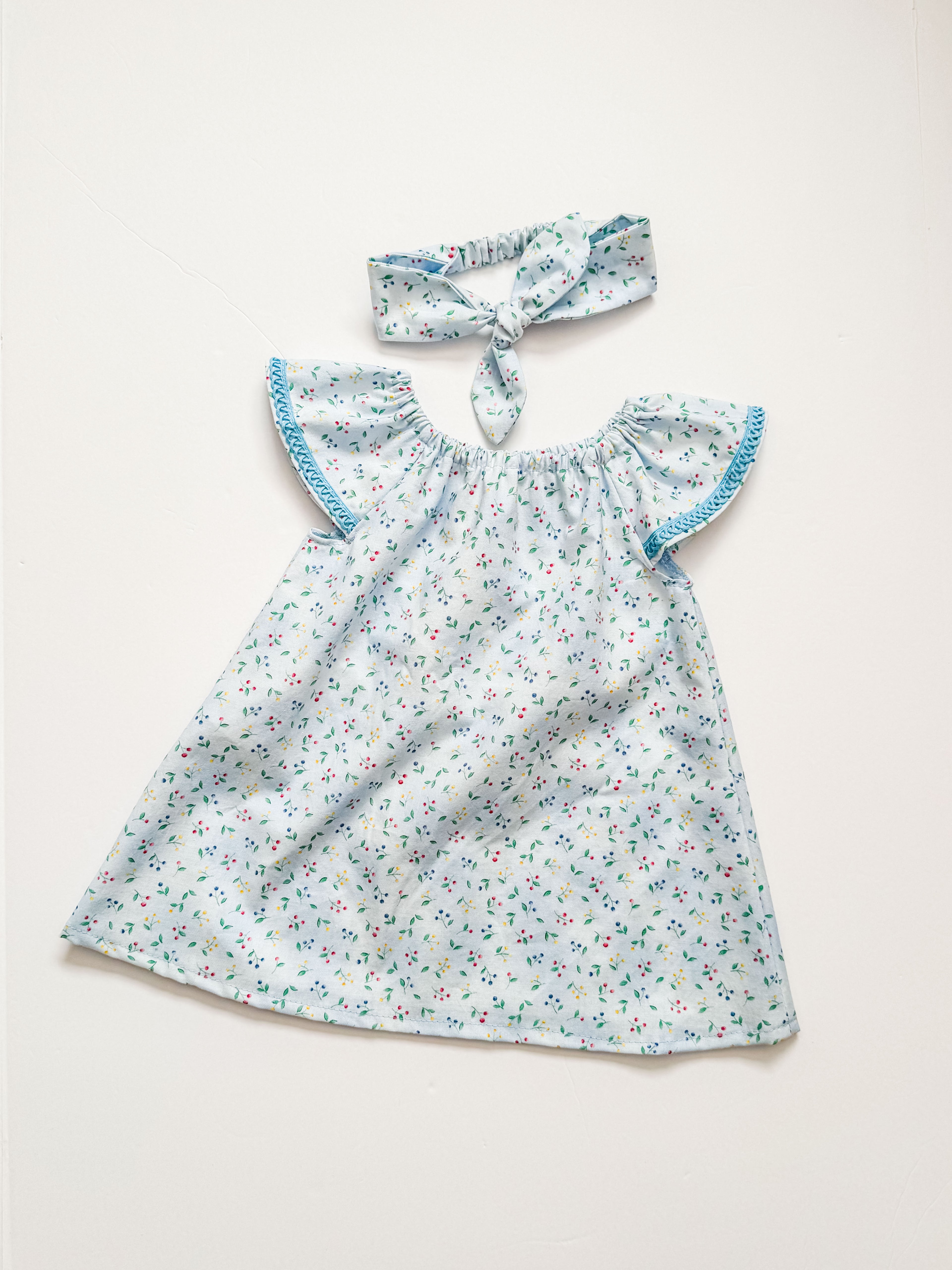 Baby Blue Summer Dress: Flutter Sleeve with Trim Detail, Headband