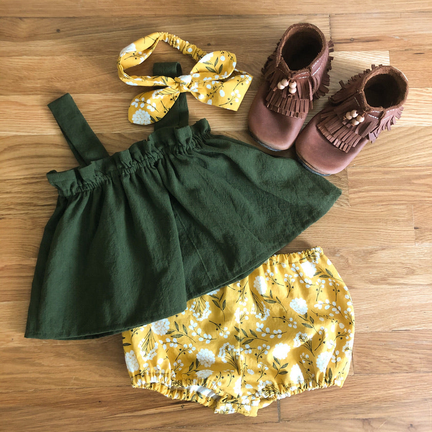 Toddler Girl Top and Bloomers Sets: Rust Floral or Yellow Prairie Adjustable Straps