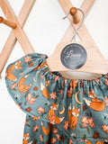 Fox and Acorn Romper: Ruffle Neckline Cotton