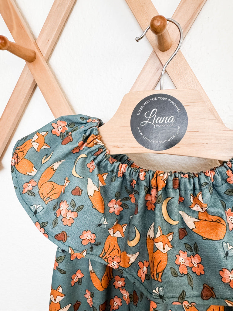 Fox and Acorn Romper: Ruffle Neckline Cotton
