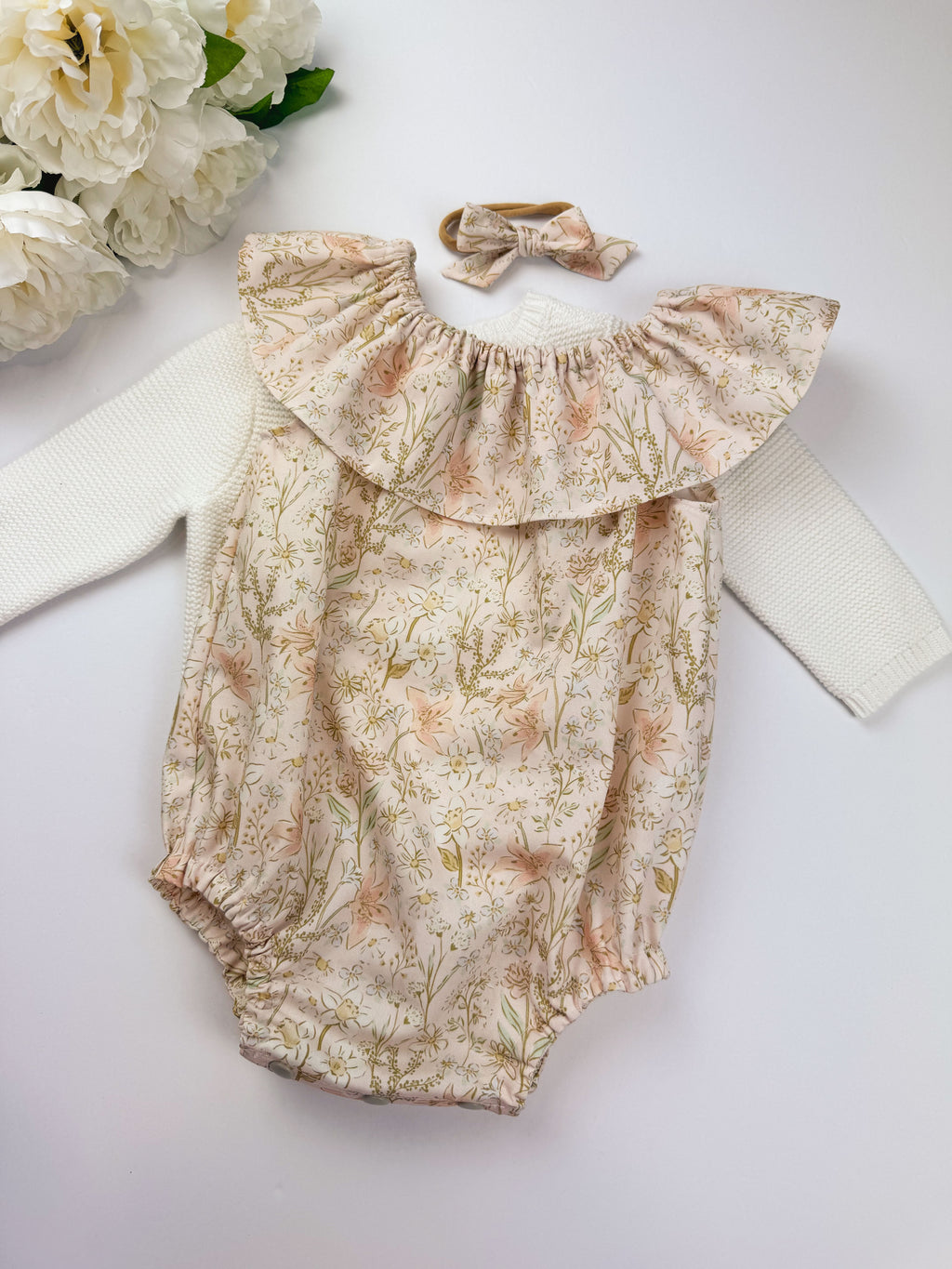 Spring Daffodil Romper: Soft Pink Spring Floral, Ruffle Neck