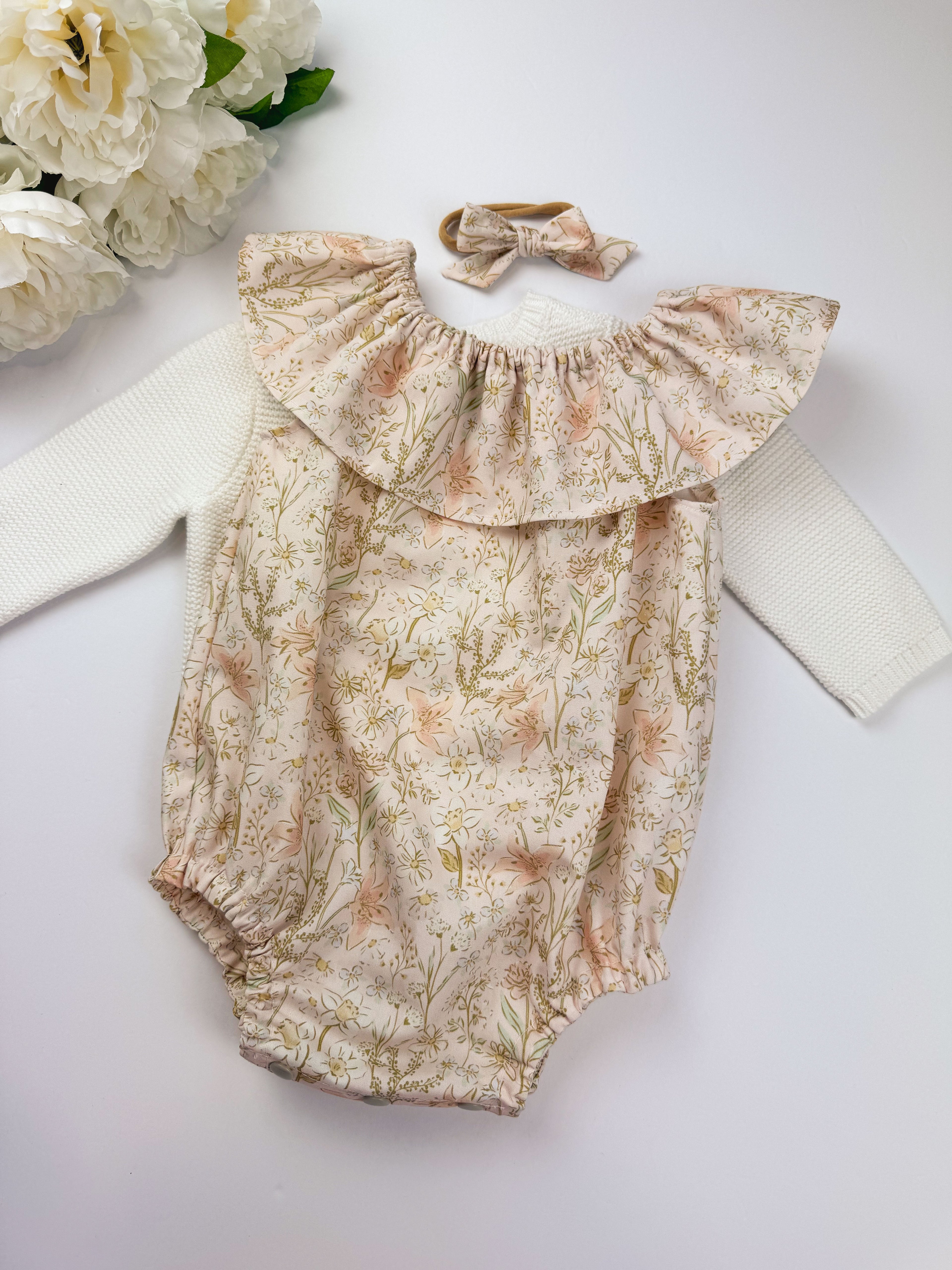 Spring Daffodil Romper: Soft Pink Spring Floral, Ruffle Neck