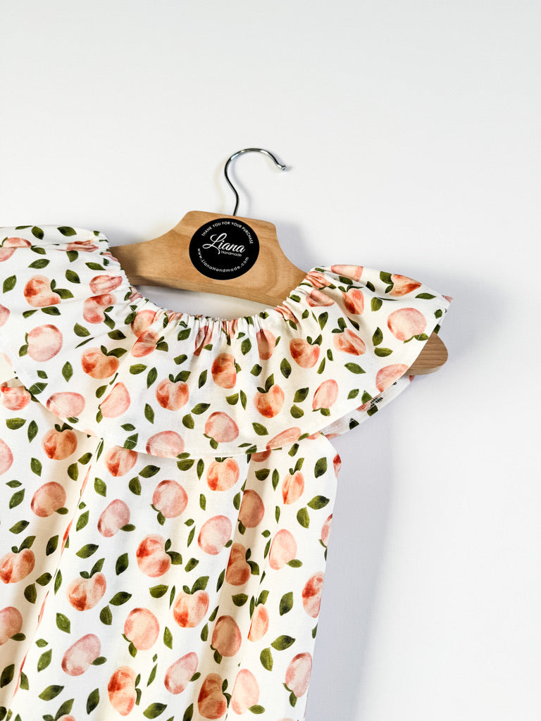 Peach Fruit Print: Ruffle Neck Romper