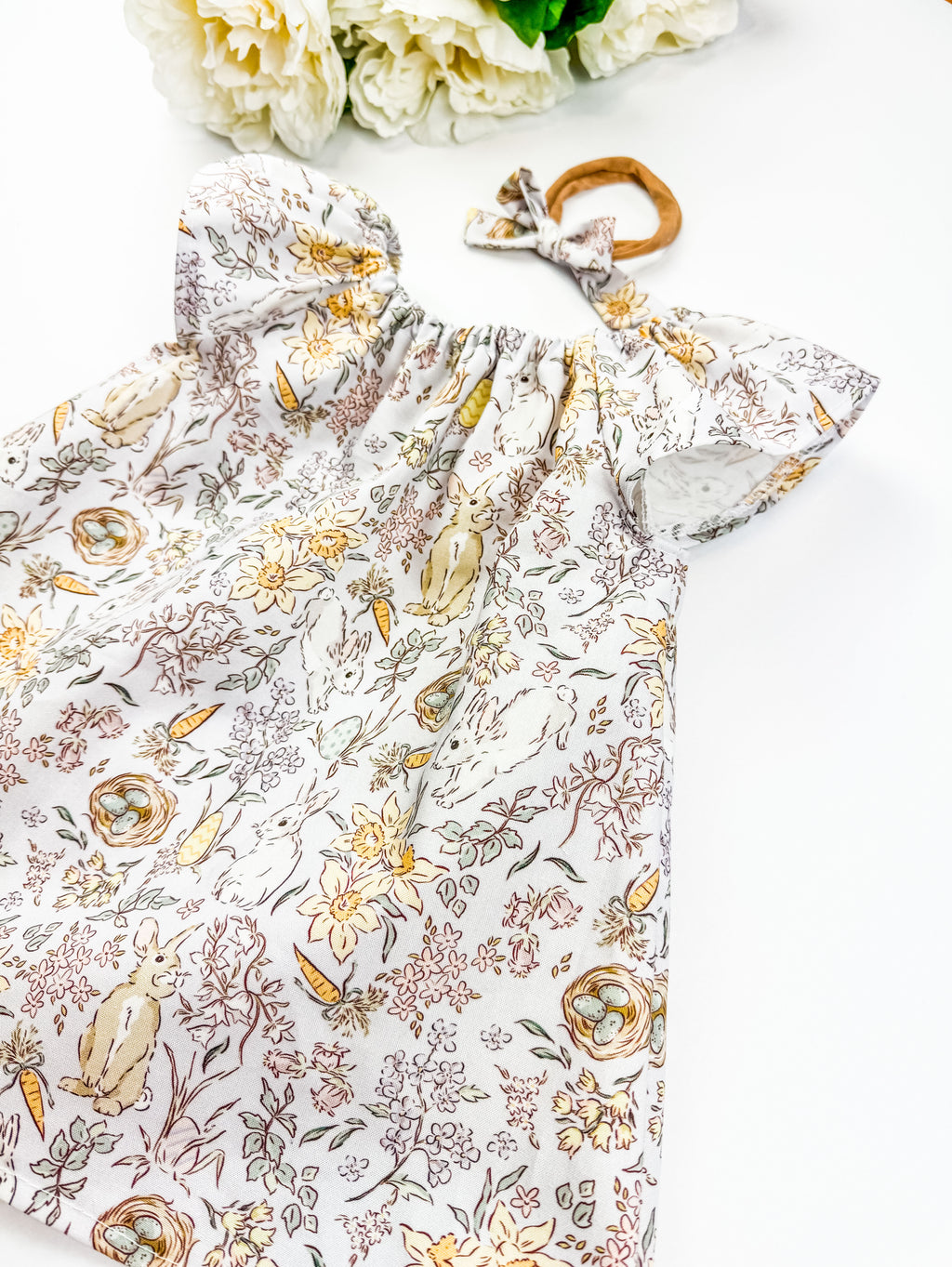 Bunny Print Baby Dress: Ruffle Neckline, Lilac Floral