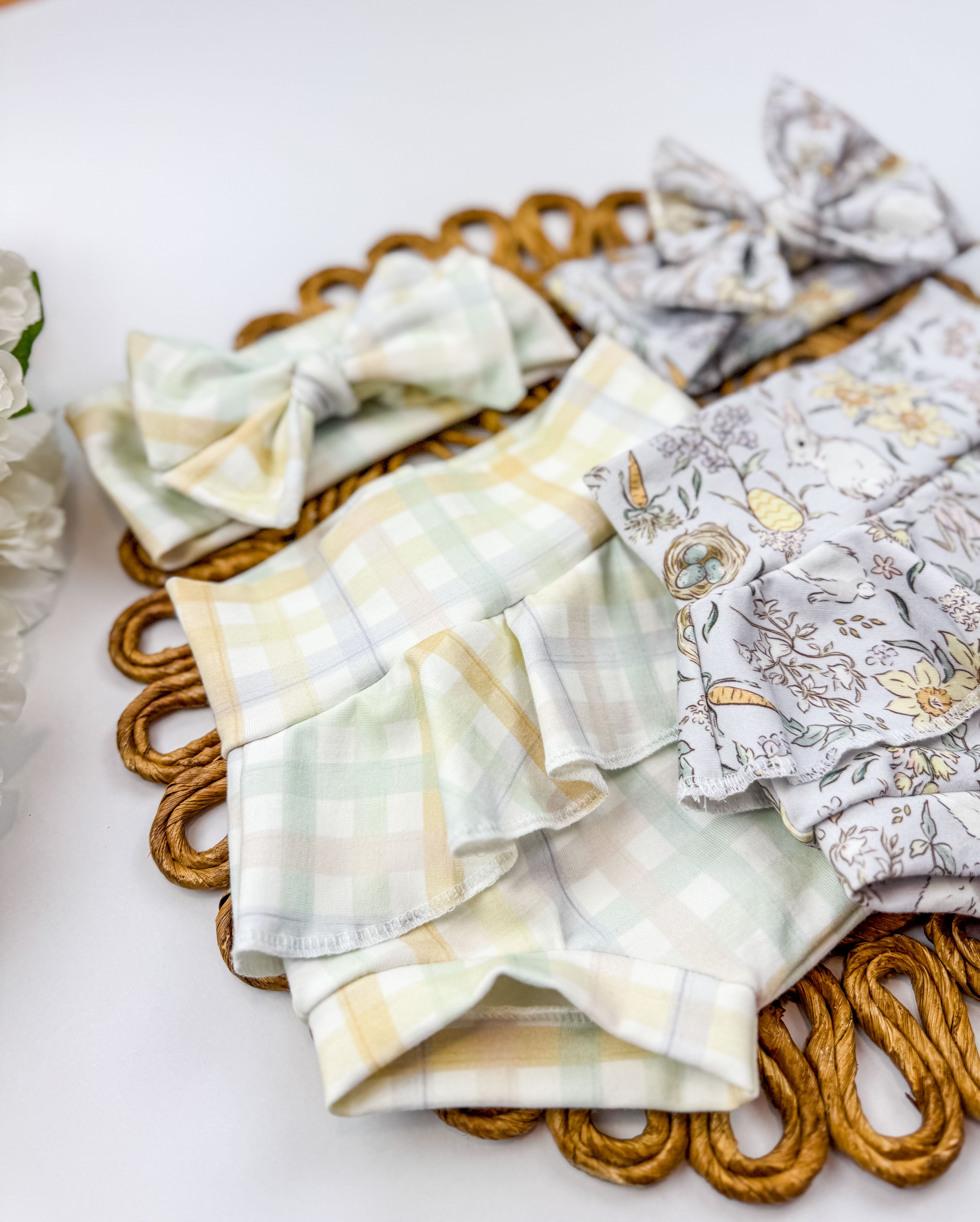 Spring Bummie with Headband: Assorted Prints, Bunny or Plaid