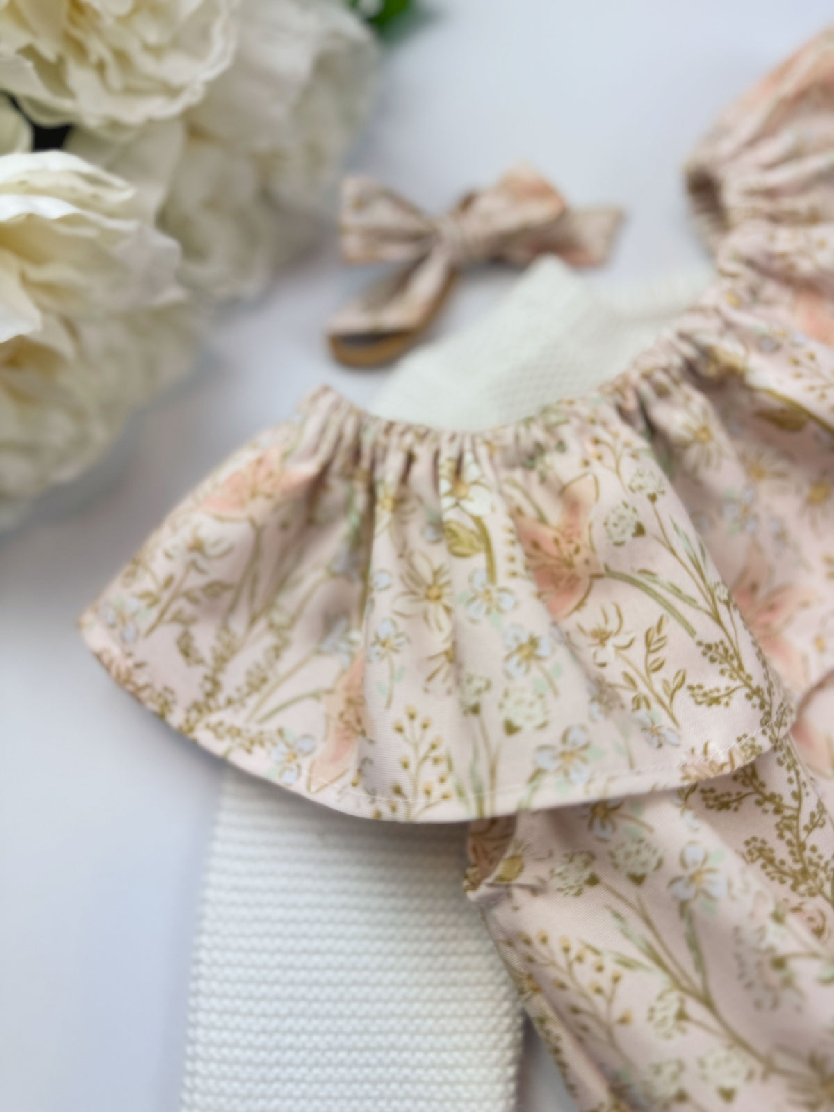 Spring Daffodil Romper: Soft Pink Spring Floral, Ruffle Neck