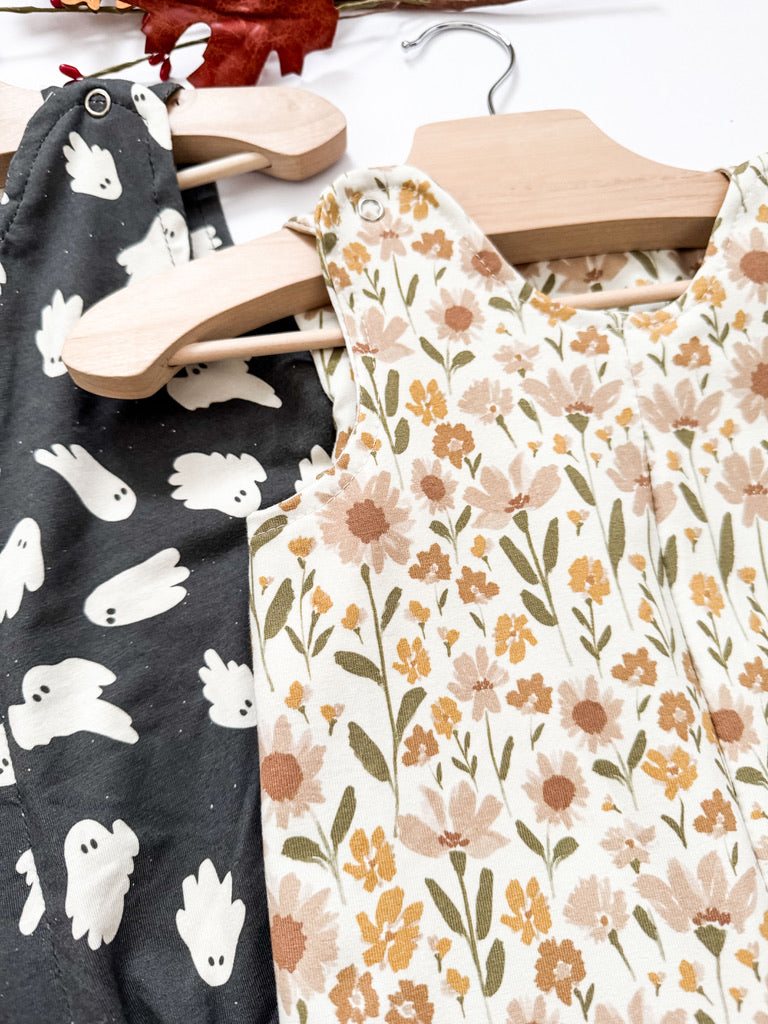 Neutral Floral Overall Romper with Headband