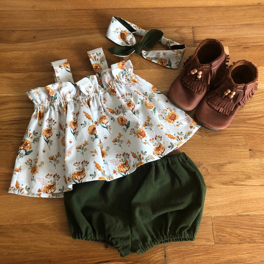 Toddler Girl Top and Bloomers Sets: Rust Floral or Yellow Prairie Adjustable Straps