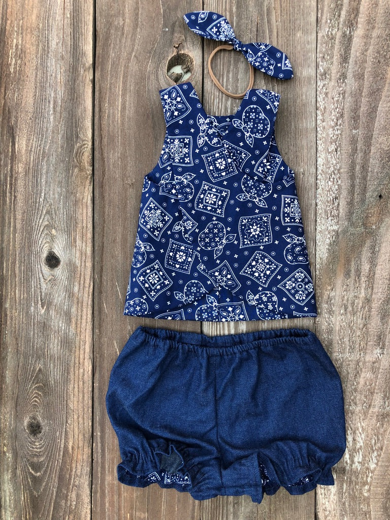 Cross Top and Bloomer Set: Cowgirl Top, Red Bandana, Handmade Baby Outfit