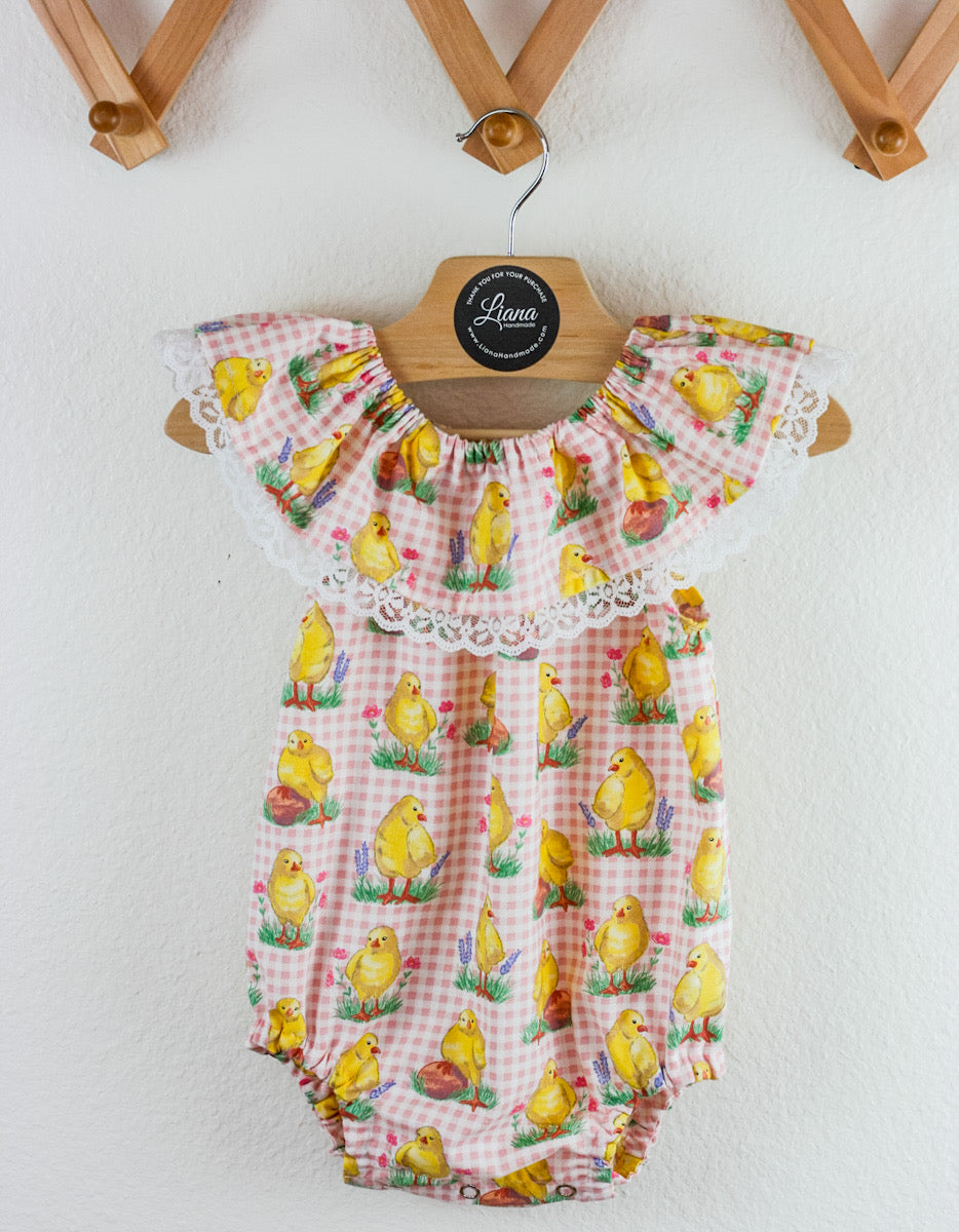 Chick Baby Romper: Ruffle Neckline, Vintage Easter Print, Pink Outfit