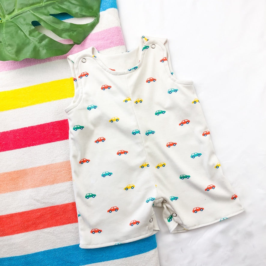 Baby Boy Overall Short Romper: Car Print