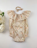 Spring Daffodil Romper: Soft Pink Spring Floral, Ruffle Neck