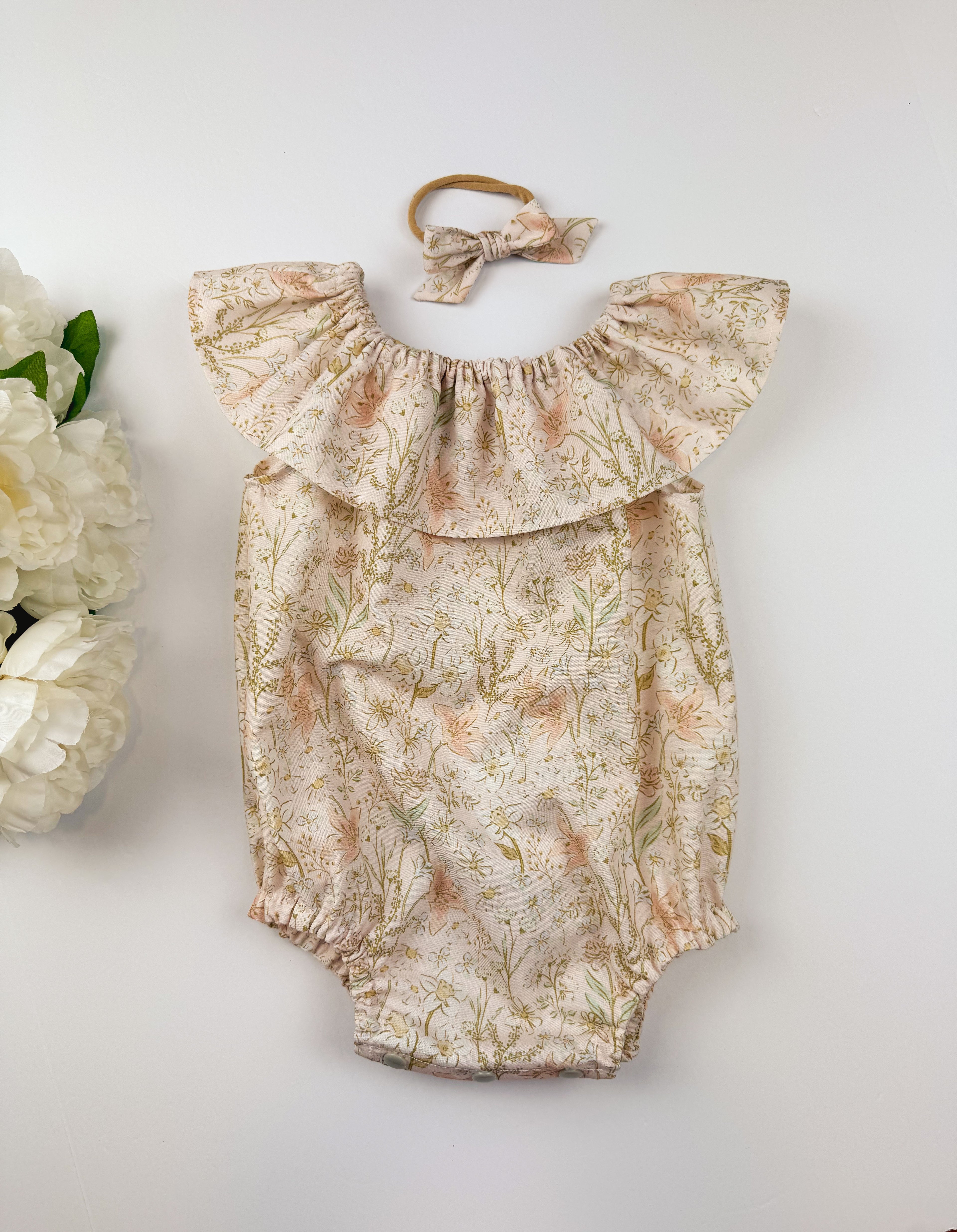 Spring Daffodil Romper: Soft Pink Spring Floral, Ruffle Neck