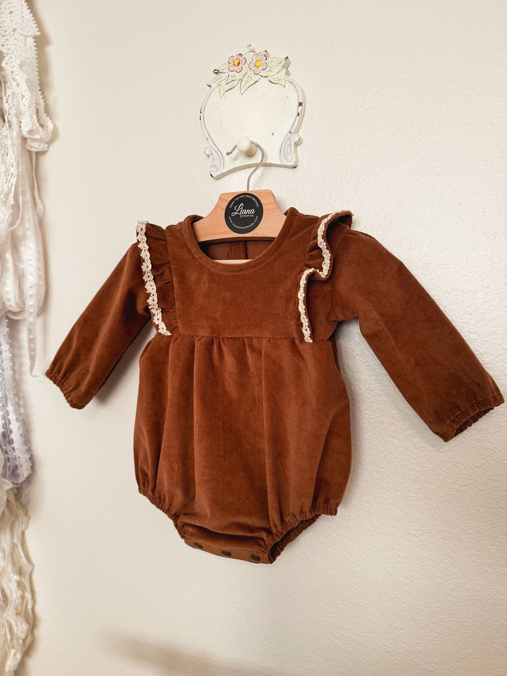 Brown Corduroy Romper: Long Sleeve, Ruffles, Toddler, Baby