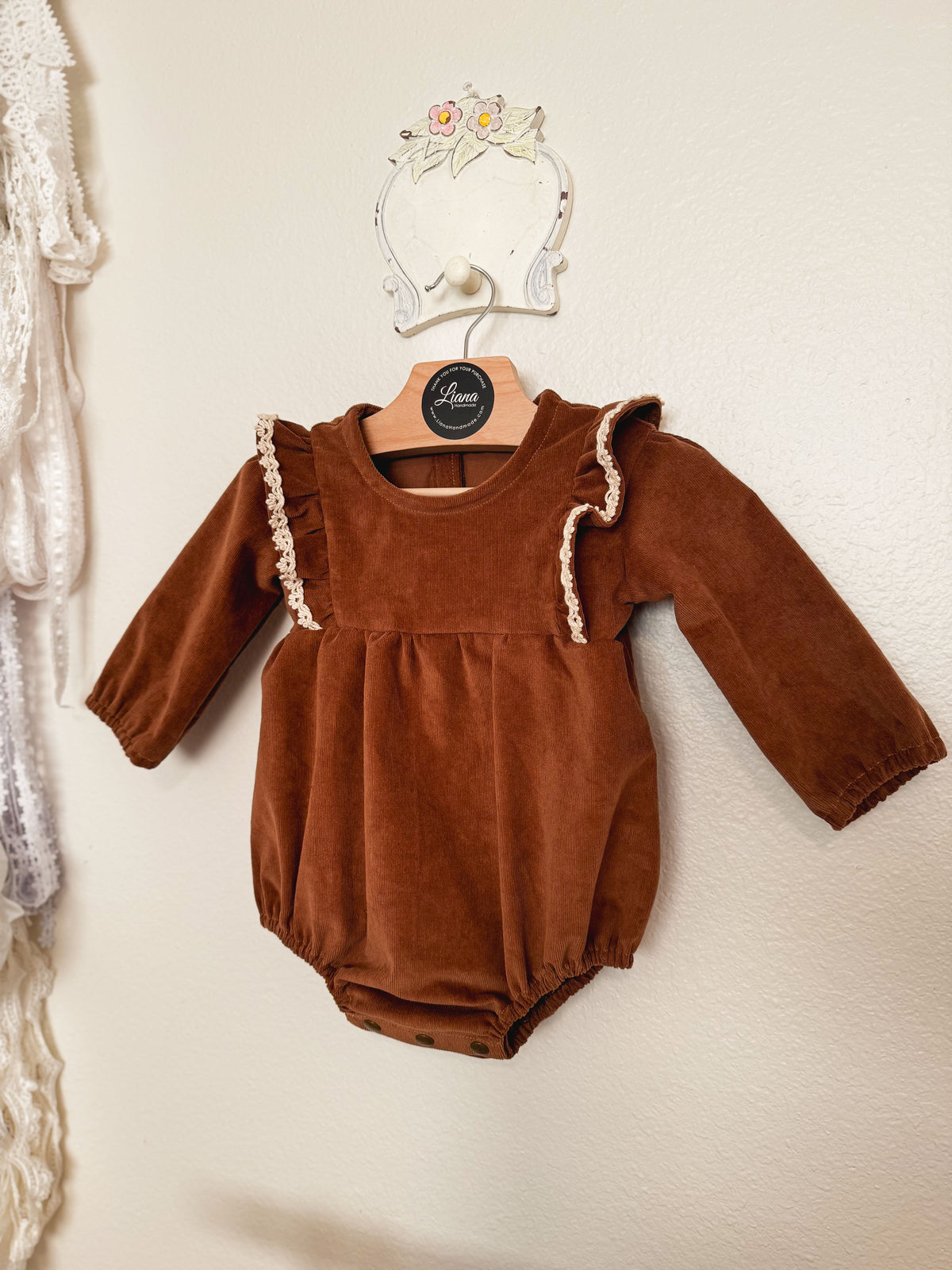 Brown Corduroy Romper: Long Sleeve, Ruffles, Toddler, Baby