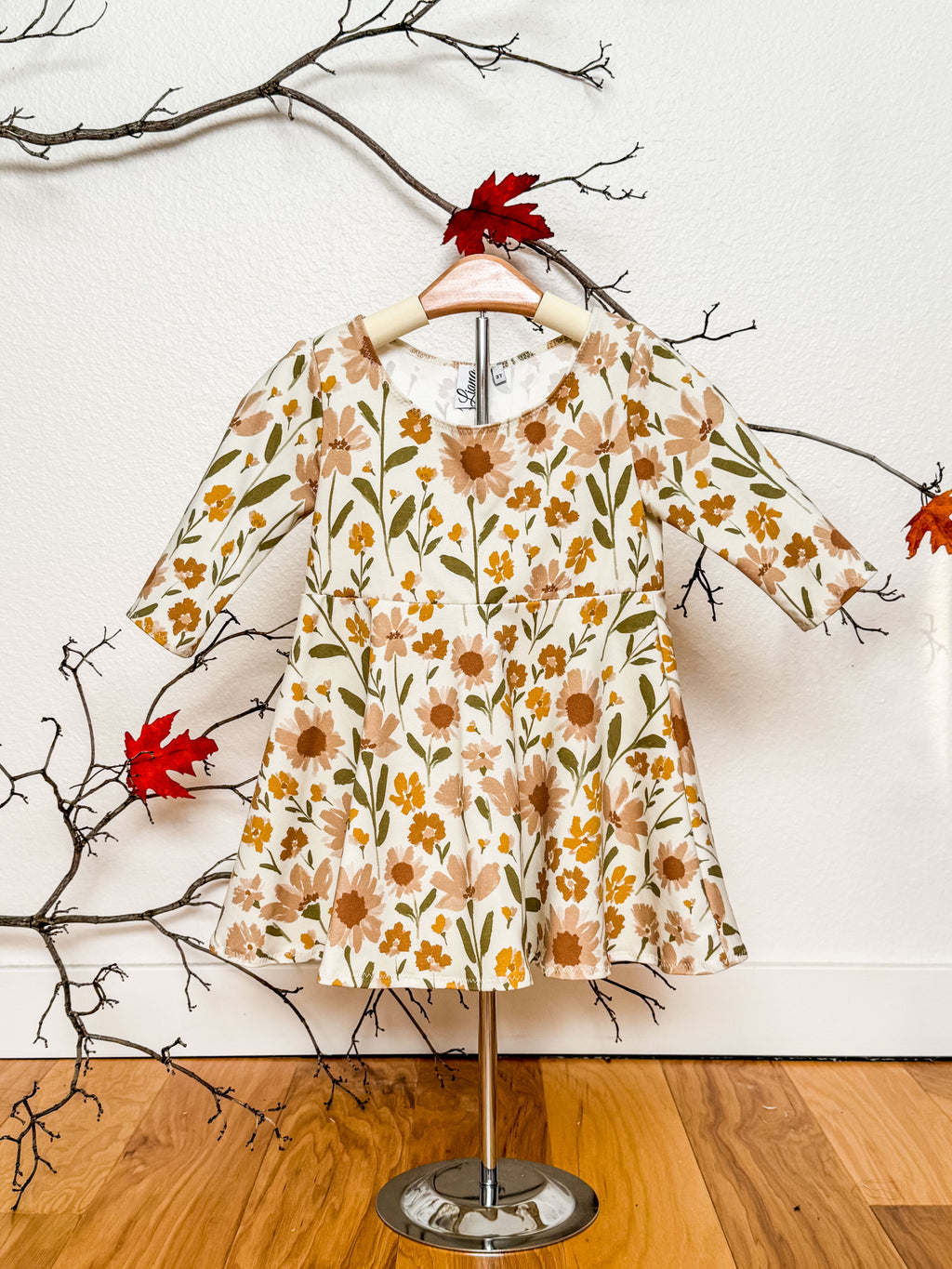 Wild Flower Knit Toddler Dress: Neutral Floral Twirl Dress