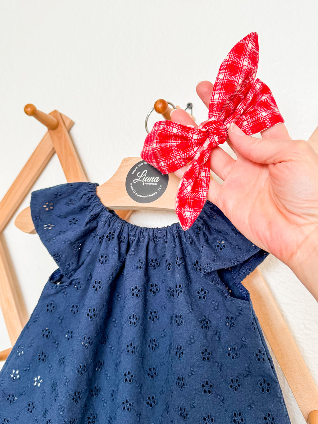 Navy Blue Dress: Eyelet with Red Heart, Flutter Sleeves with Headband
