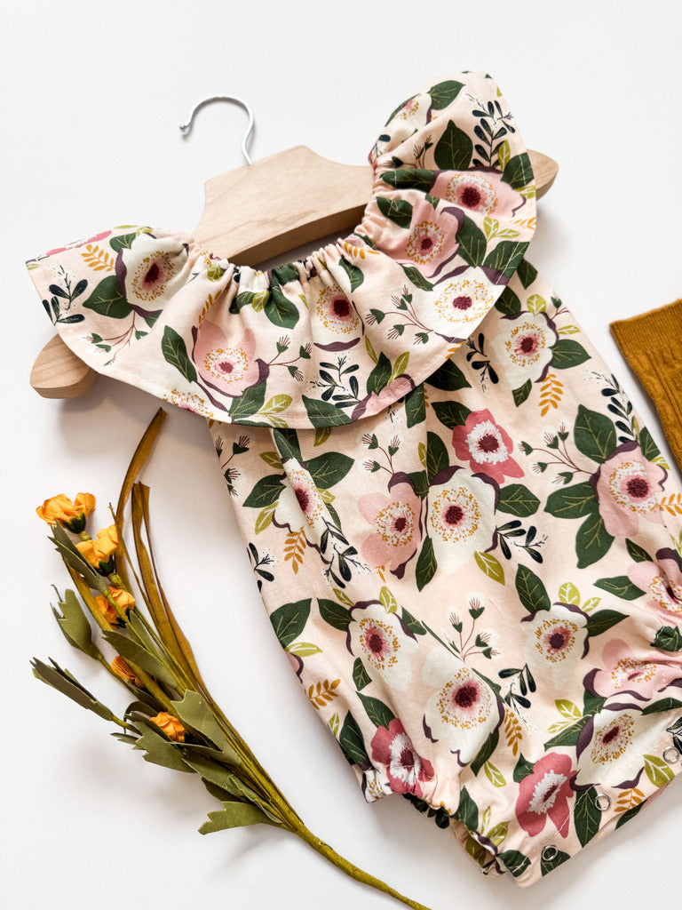 Pink and Plum Floral Romper: Ruffle Neckline, Heirloom Baby Romper