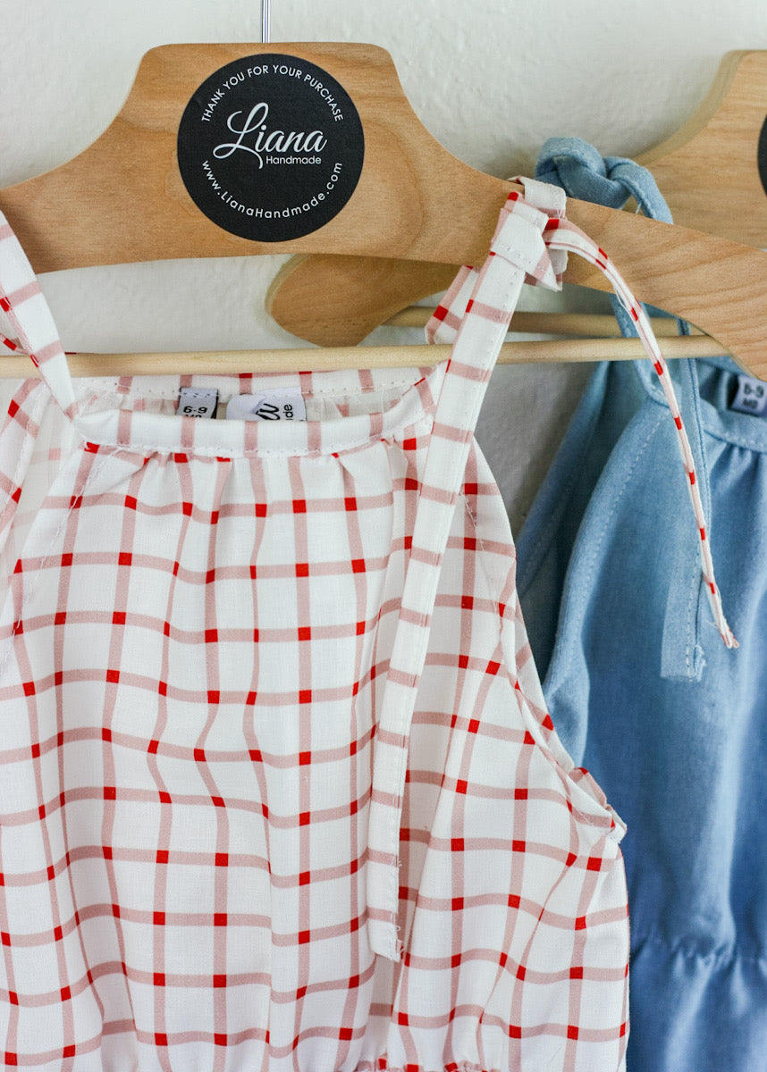 Chambray Sun Suit: Blue or Strawberry Check Romper