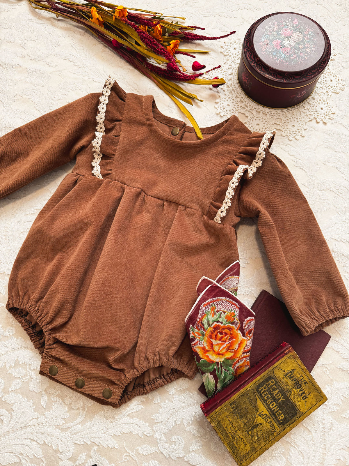 Brown Corduroy Romper: Long Sleeve, Ruffles, Toddler, Baby