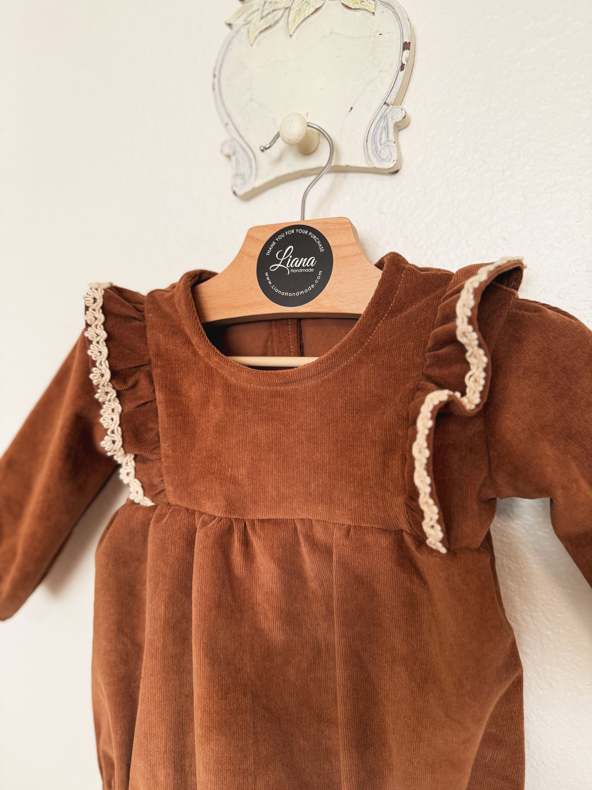 Brown Corduroy Romper: Long Sleeve, Ruffles, Toddler, Baby