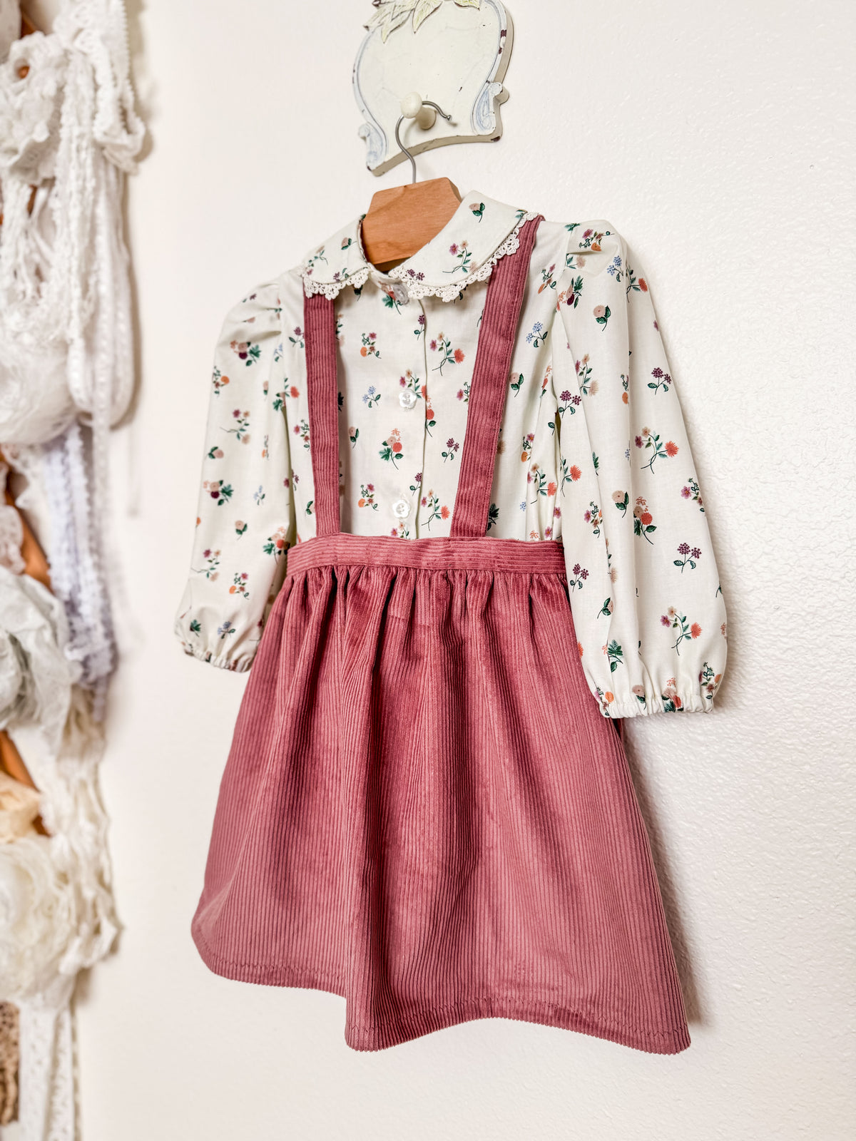 Toddler Two Piece Set, Peter Pan Floral Blouse with Corduroy Skirt, Handmade