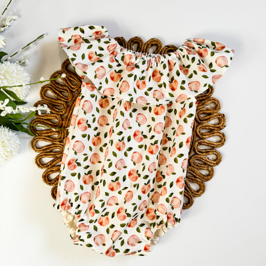 Peach Fruit Print: Ruffle Neck Romper