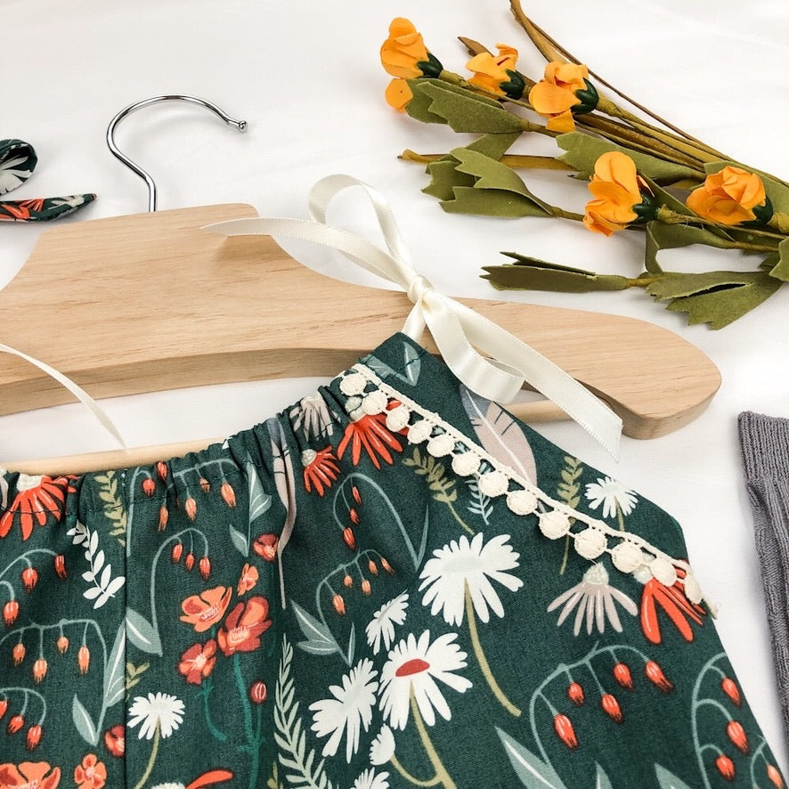 Prairie Flower Baby Romper: Green
