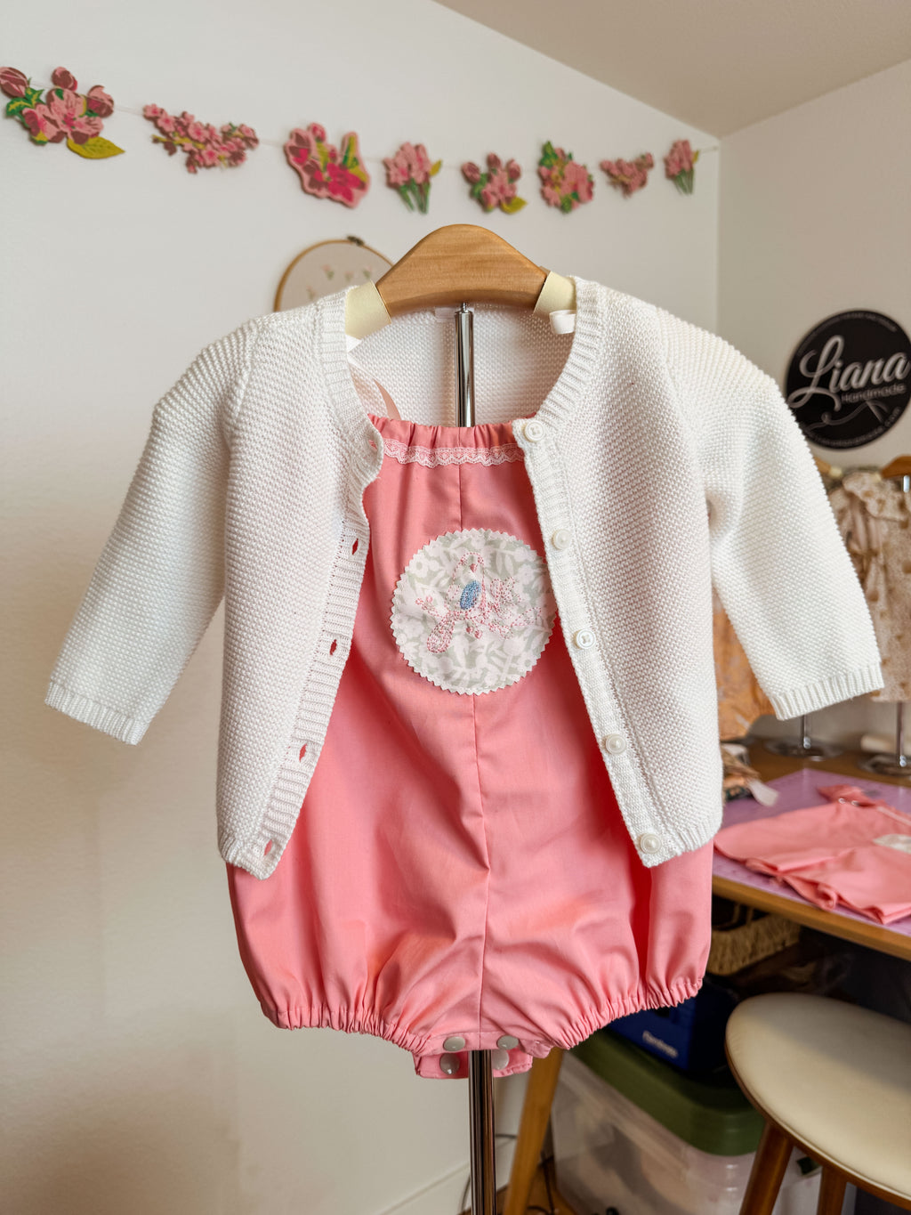 Baby Bird Embroidered Pink Baby Romper