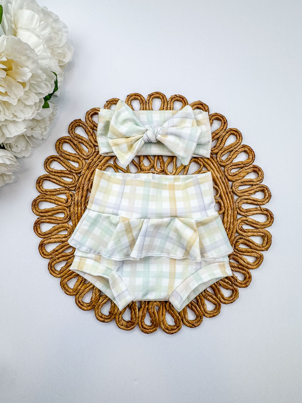 Spring Bummie with Headband: Assorted Prints, Bunny or Plaid