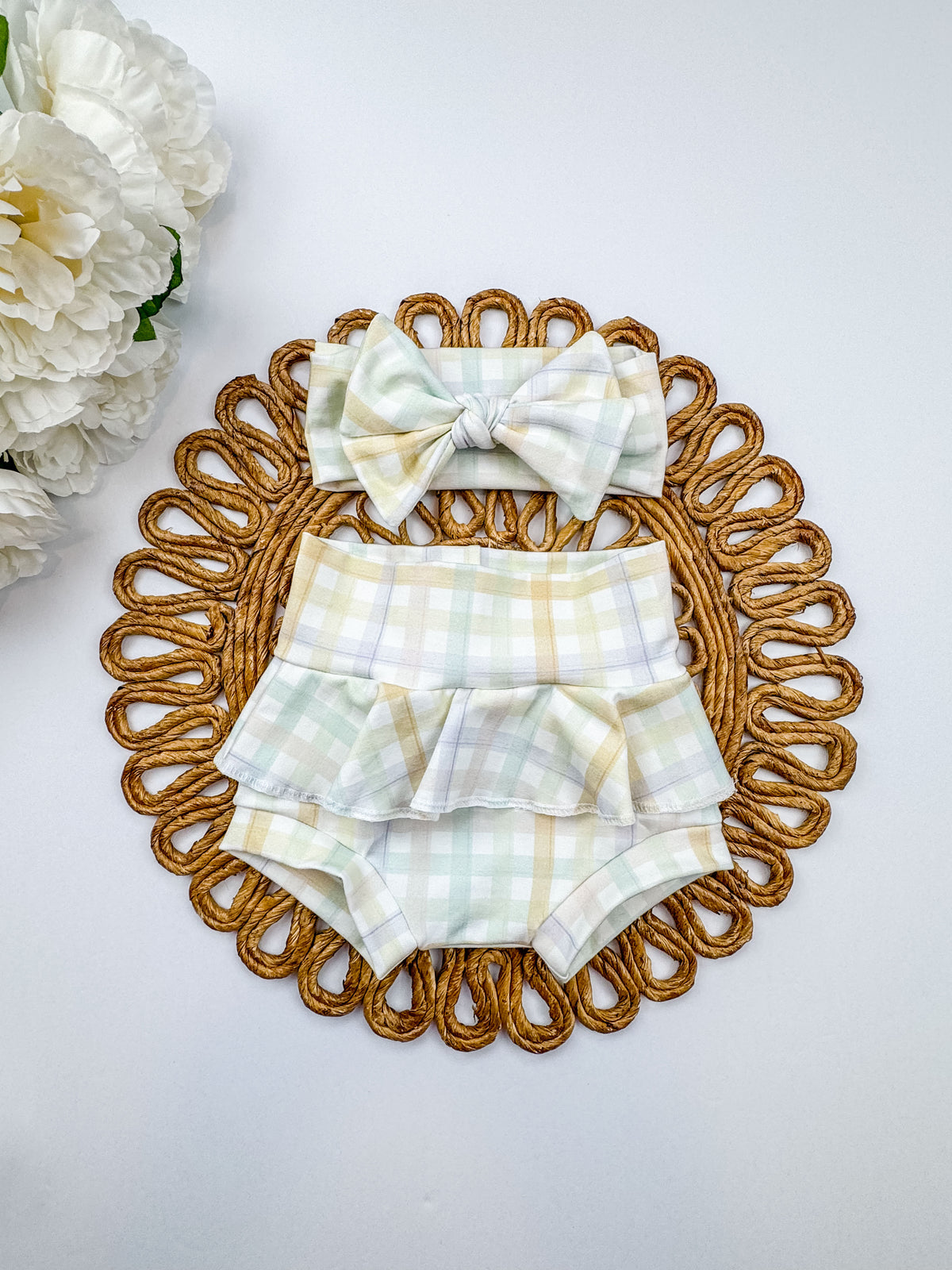 Spring Bummie with Headband: Assorted Prints, Bunny or Plaid