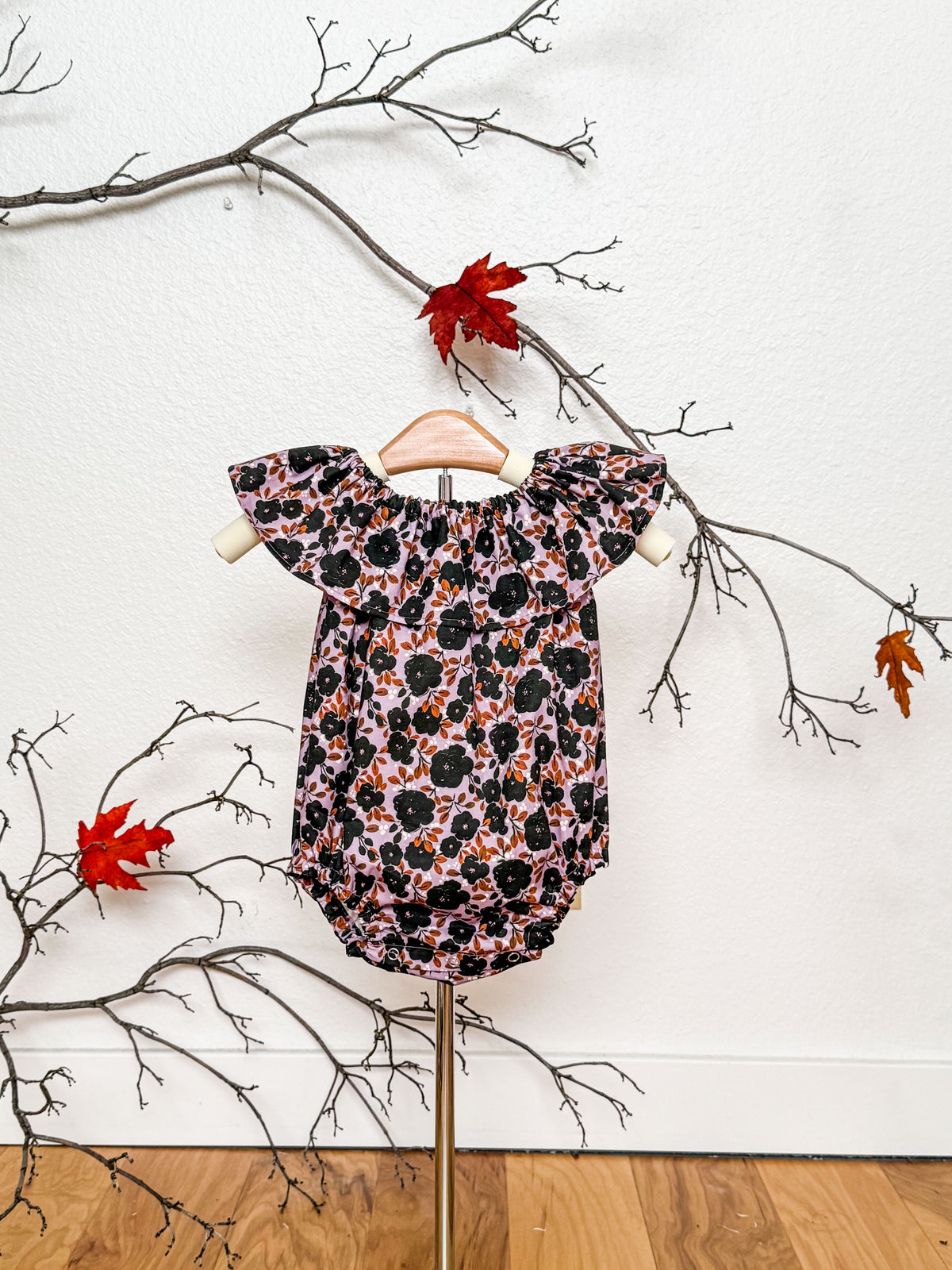 Lavender Floral Romper: Ruffle Neckline Cotton