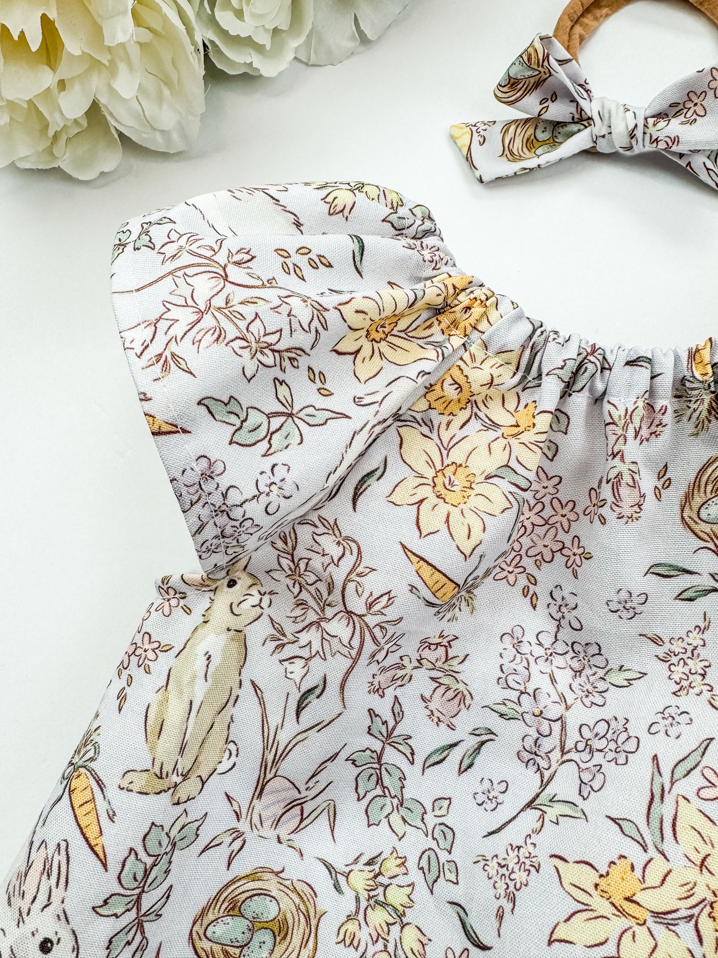 Bunny Print Baby Dress: Ruffle Neckline, Lilac Floral