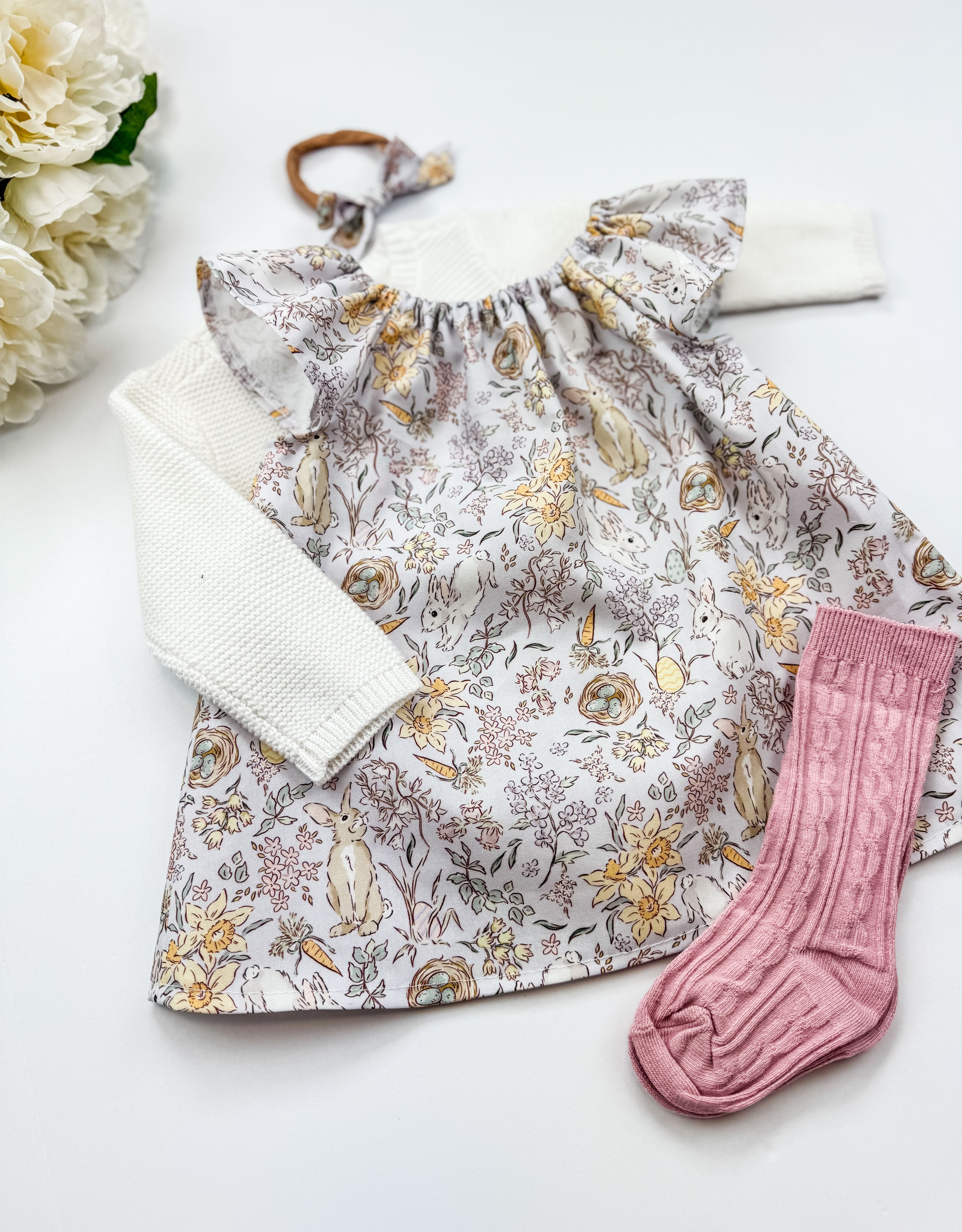 Bunny Print Baby Dress: Ruffle Neckline, Lilac Floral