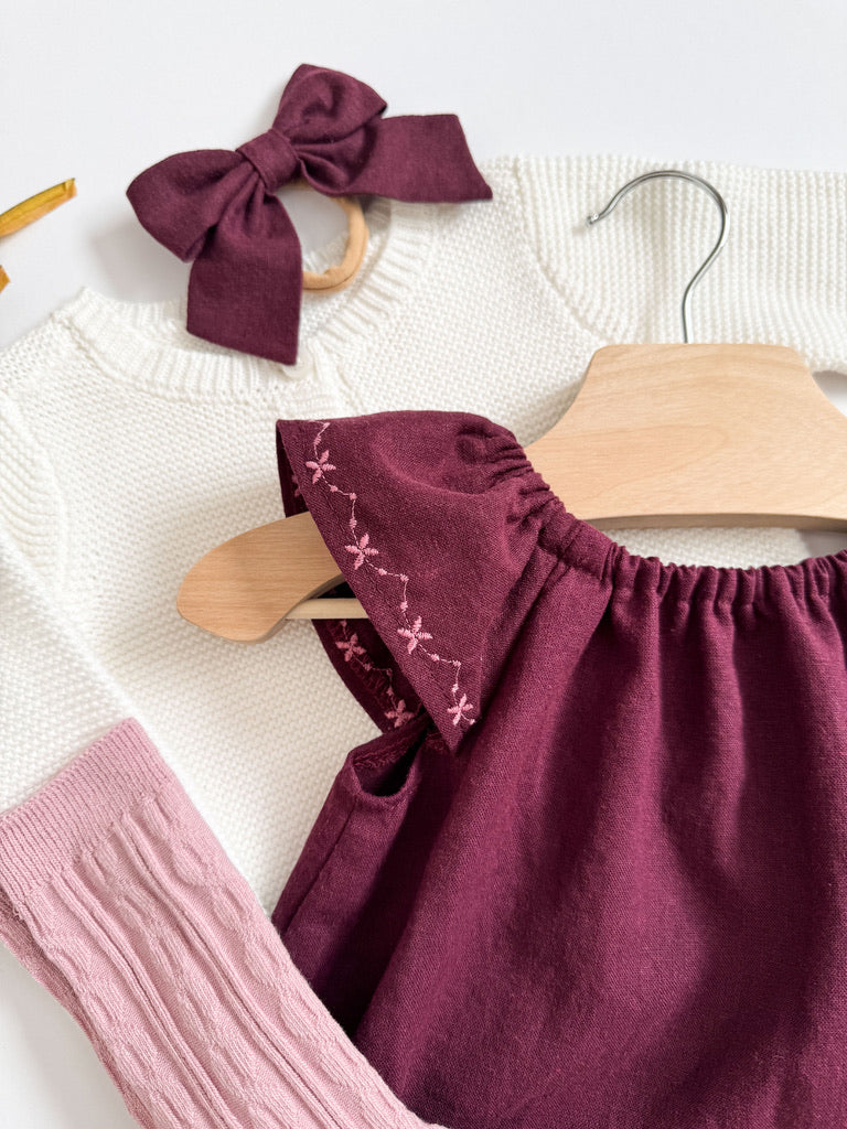 Linen Dress With Embroidered Sleeve: Plum Baby Dress