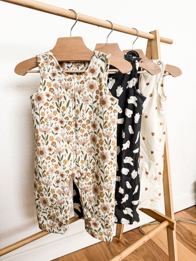 Neutral Floral Overall Romper with Headband