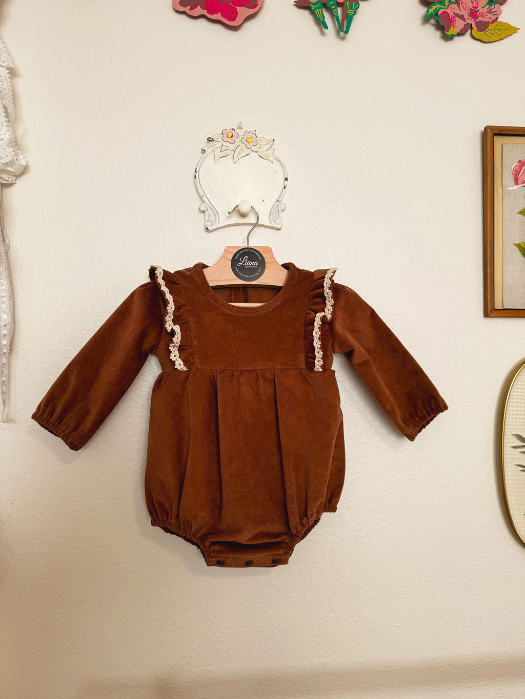 Brown Corduroy Romper: Long Sleeve, Ruffles, Toddler, Baby