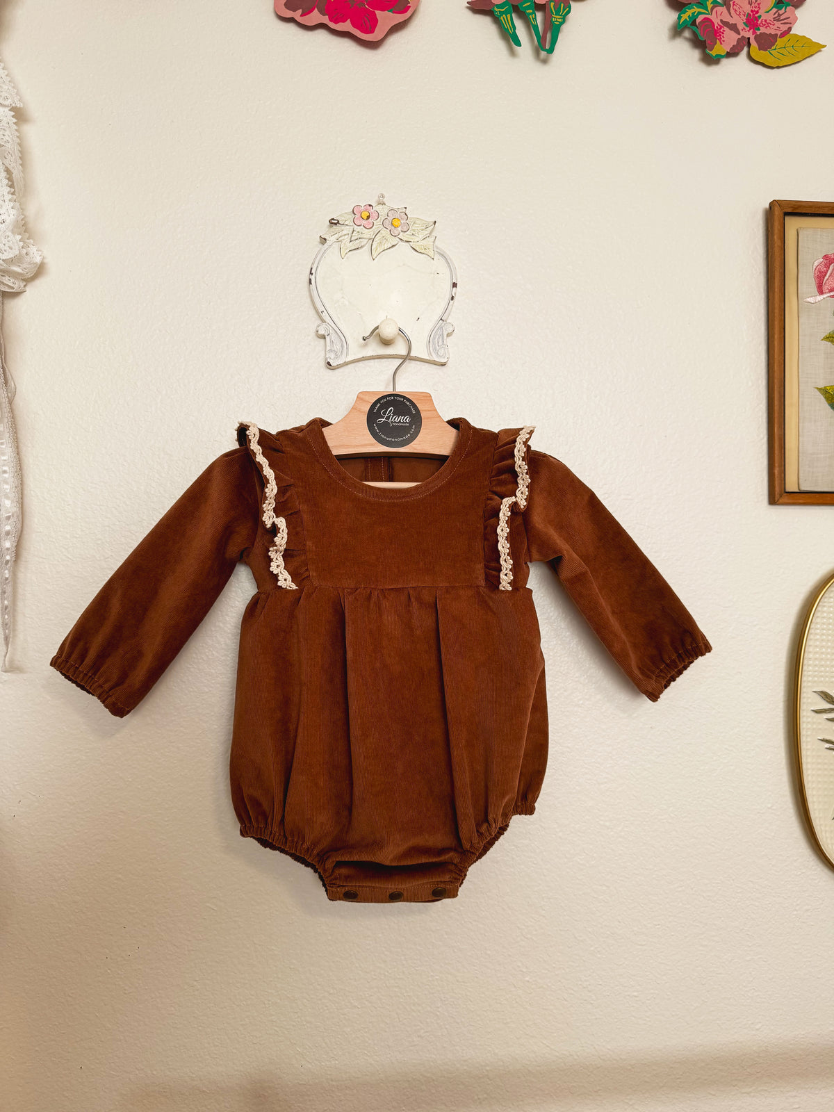Brown Corduroy Romper: Long Sleeve, Ruffles, Toddler, Baby