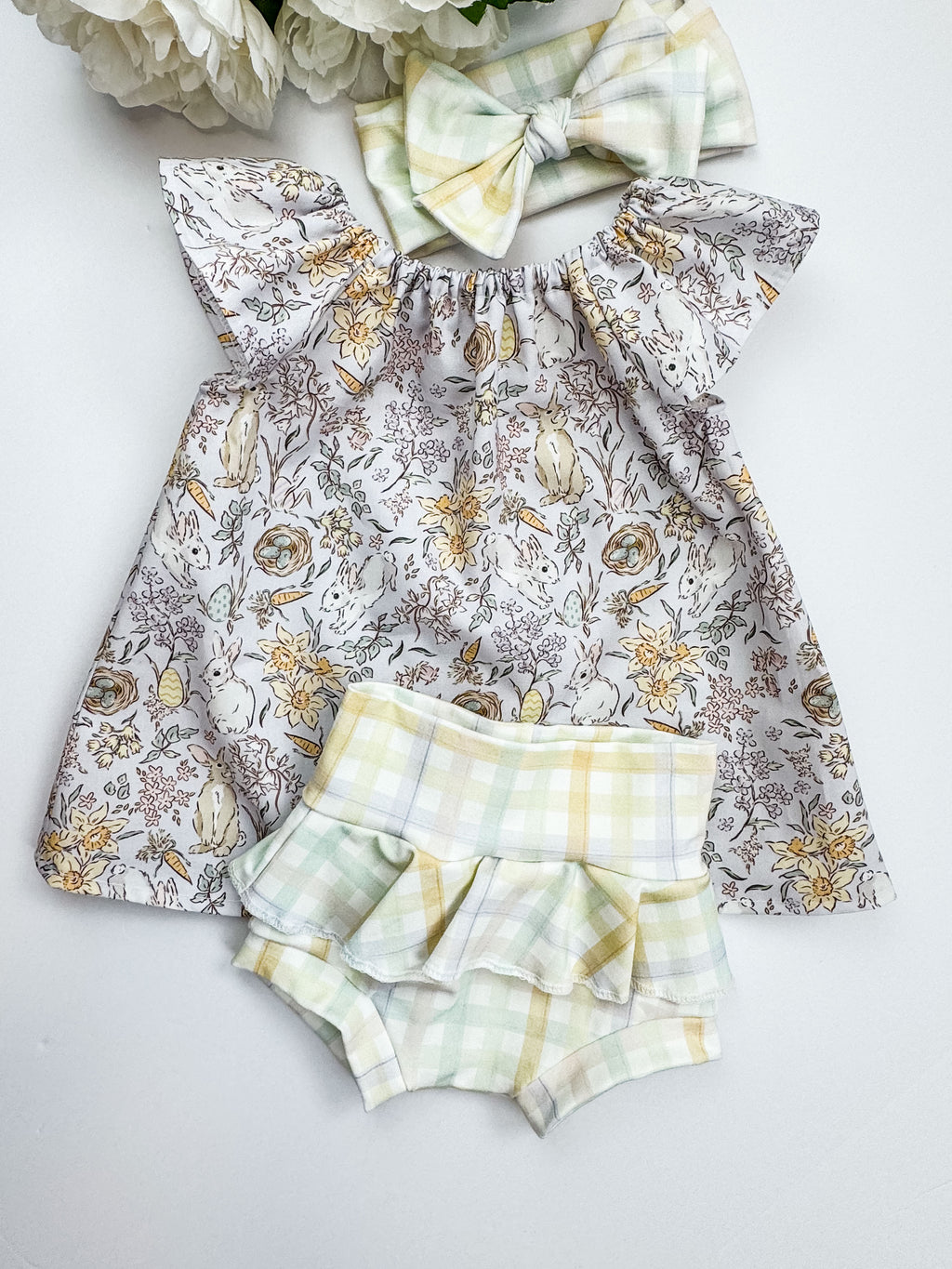 Spring Bummie with Headband: Assorted Prints, Bunny or Plaid