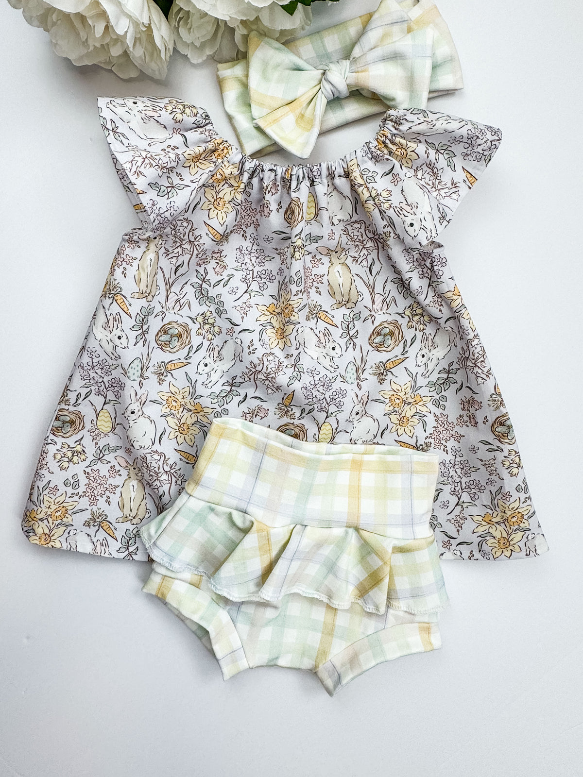Spring Bummie with Headband: Assorted Prints, Bunny or Plaid