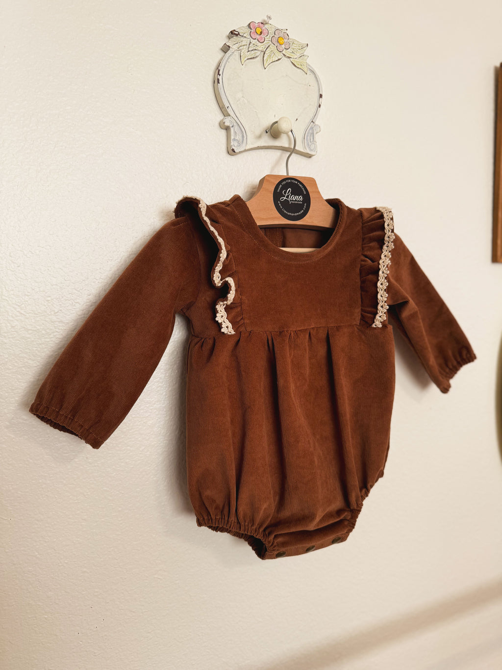 Brown Corduroy Romper: Long Sleeve, Ruffles, Toddler, Baby