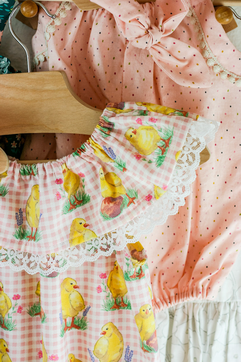 Chick Baby Romper: Ruffle Neckline, Vintage Easter Print, Pink Outfit