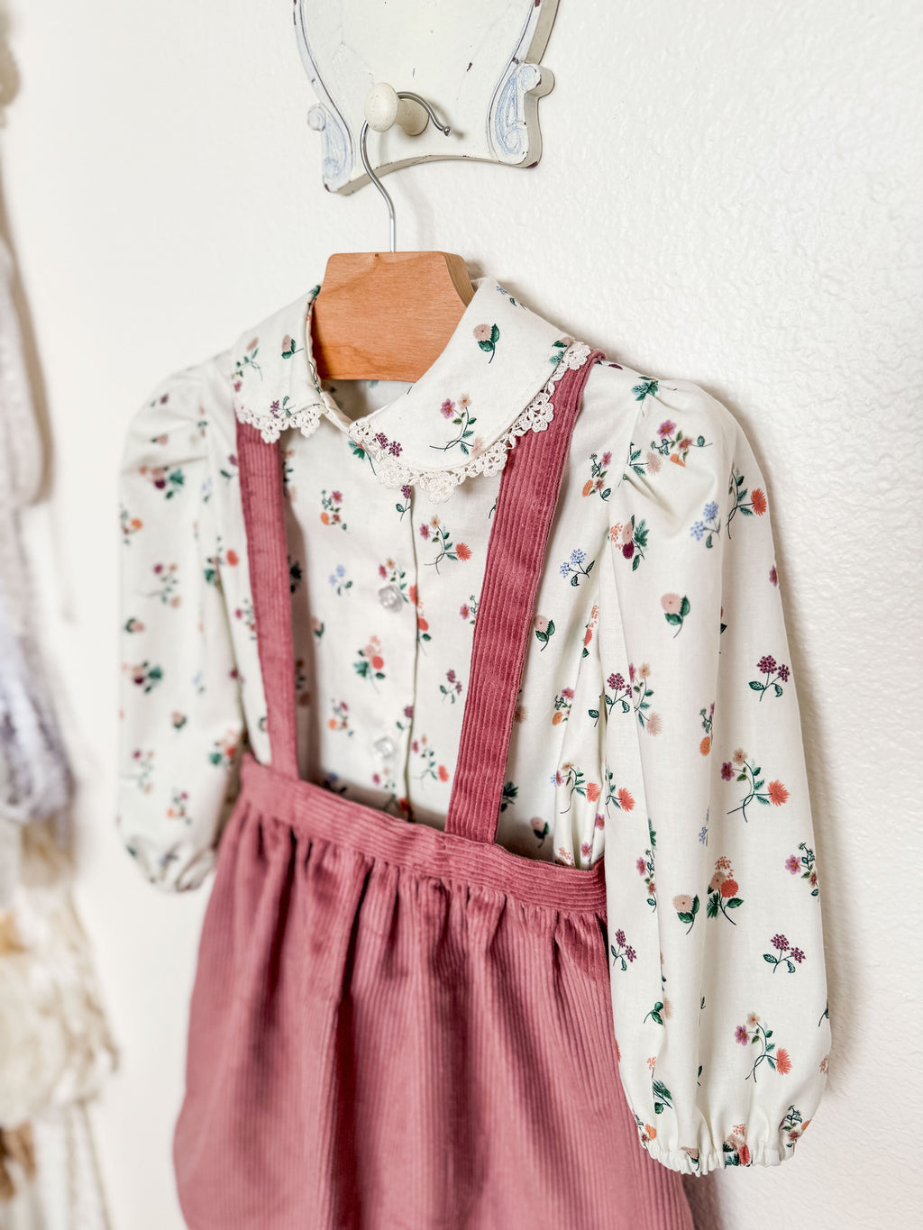 Toddler Two Piece Set, Peter Pan Floral Blouse with Corduroy Skirt, Handmade