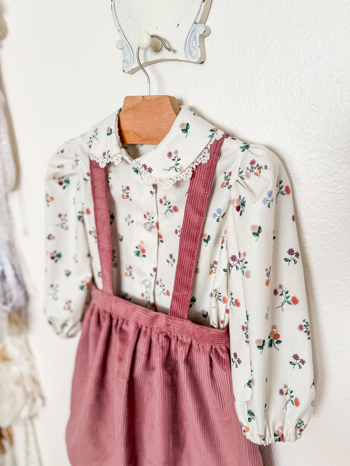 Toddler Two Piece Set, Peter Pan Floral Blouse with Corduroy Skirt, Handmade