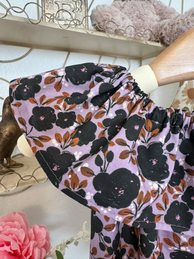 Lavender Floral Romper: Ruffle Neckline Cotton