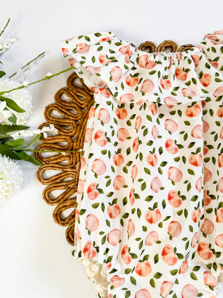 Peach Fruit Print: Ruffle Neck Romper